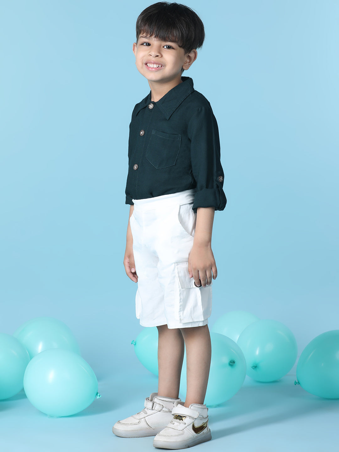 Cutiekins Boys Solid Shirt With Solid Lycra Cargo Short -Deep Green & White