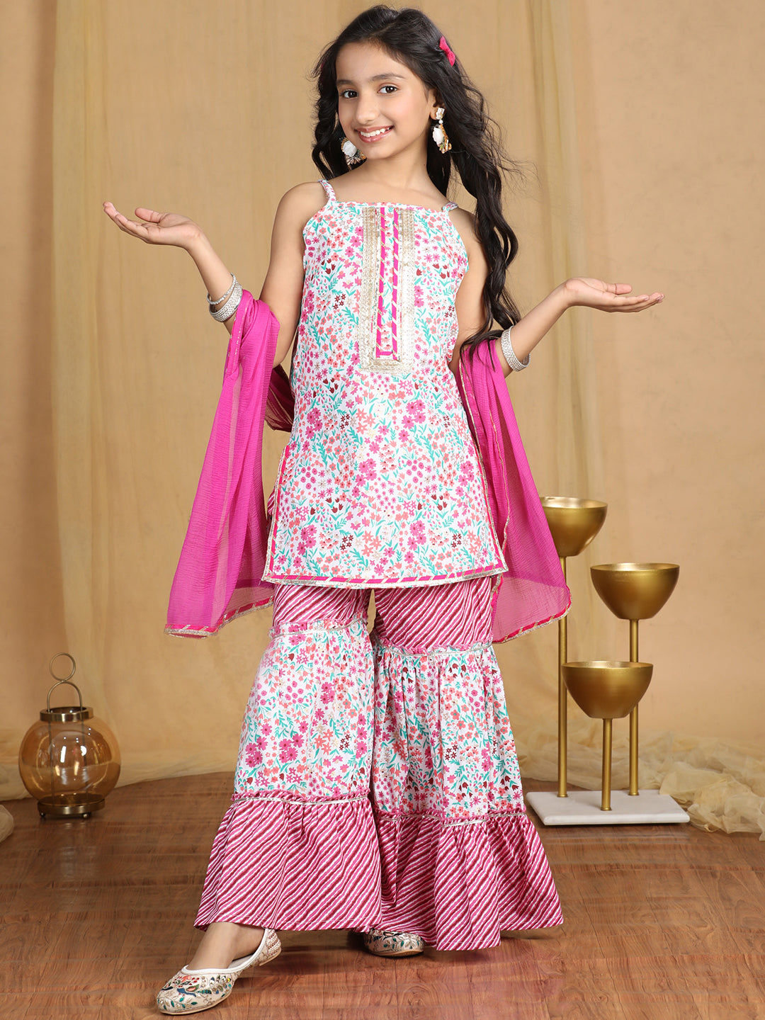 Cutiekins Girls floral Print Empire Kurta and Sharara with Dupatta -Off White & Coral Pink