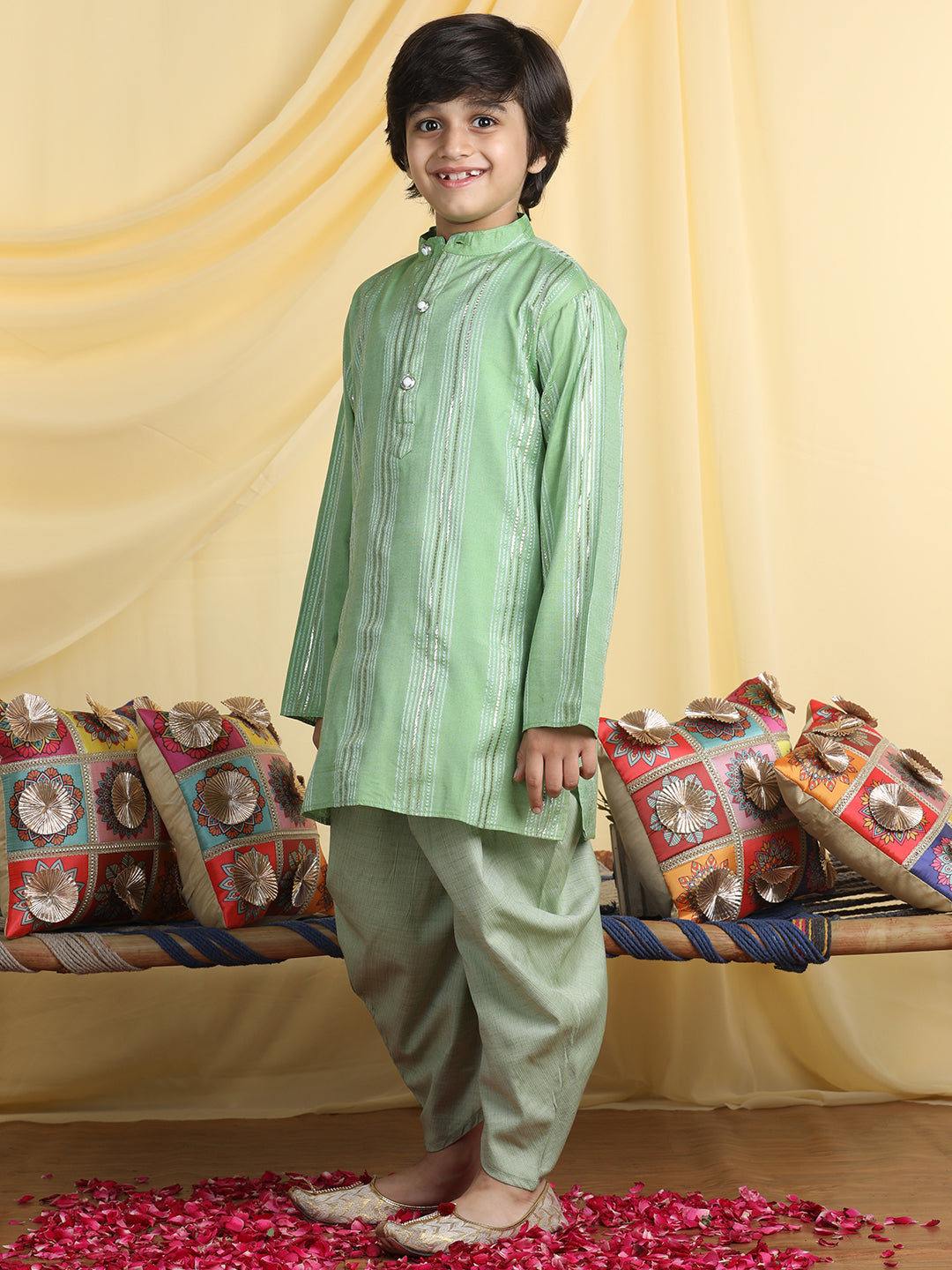 Cutiekins Boys Solid Mandarin Collar Kurta with Dhoti -Green & Silver