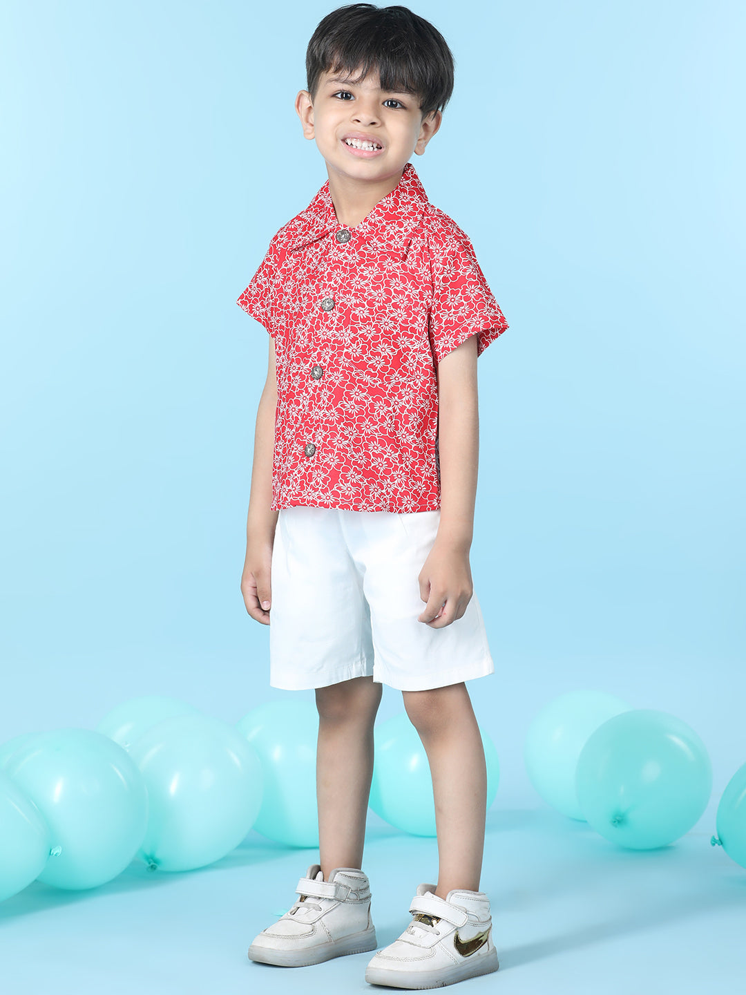 Cutiekins Boys Floral Print Shirt With Solid Lycra Short -Red & White