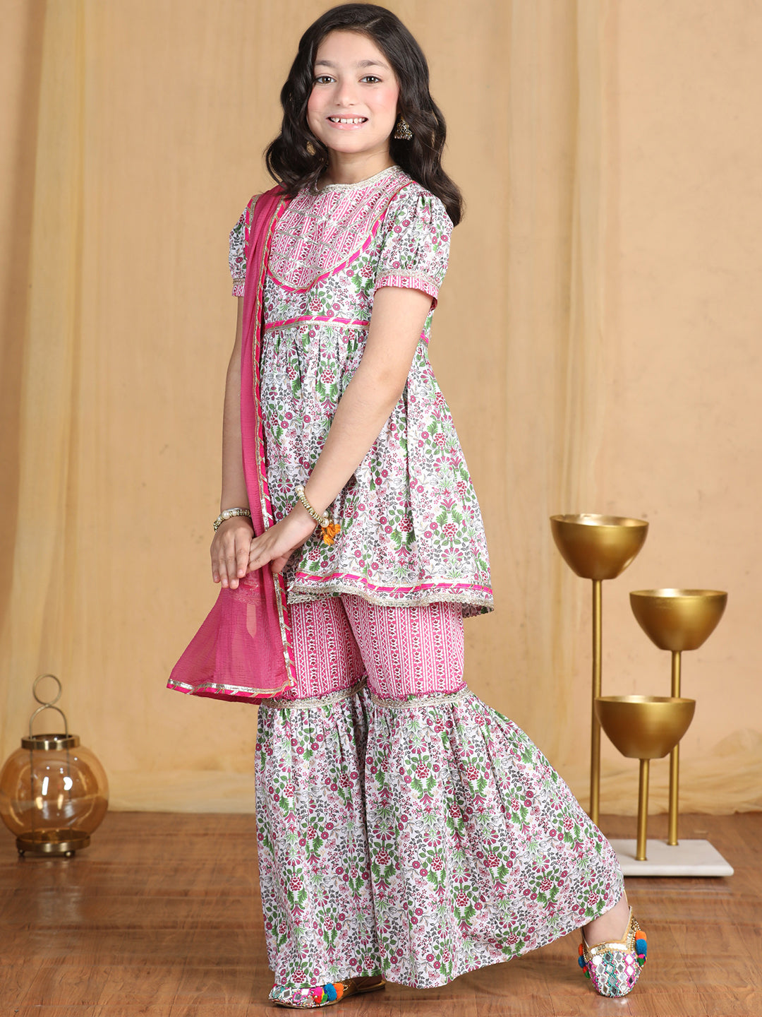 Cutiekins Girls Floral Print Sleeveless Kurta and Sharara with Dupatta -Off White & Onion Pink
