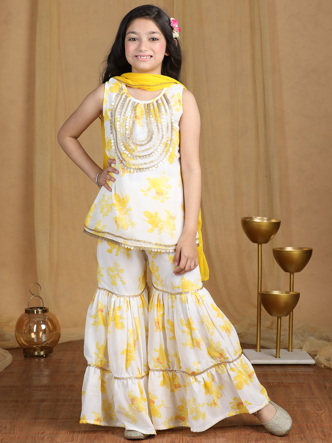 Cutiekins Girls Floral Print Sequined Kurta and Sharara with Dupatta -Off White & Gold