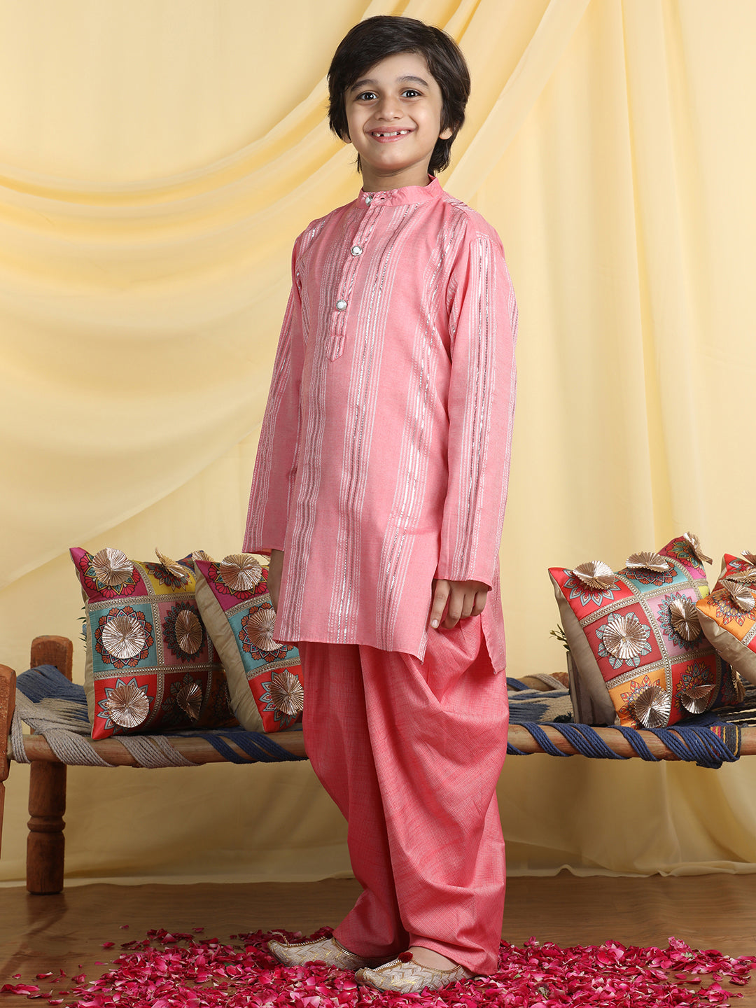 Cutiekins Boys Solid Mandarin Collar Kurta with Dhoti -Pink & Silver