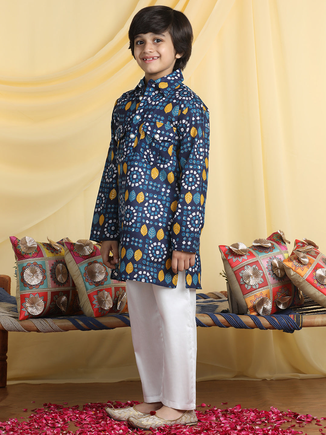 Cutiekins Boys Tropical Print Shirt Collar Kurta with Pajama -Dark Blue & White
