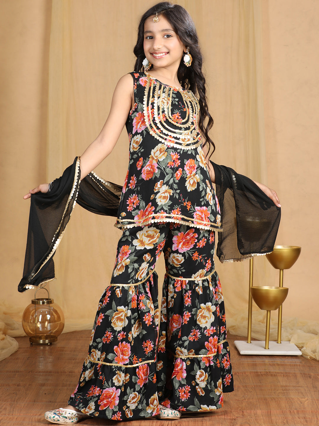 Cutiekins Girls Floral Print Sequined Kurta and Sharara with Dupatta -Black & Gold