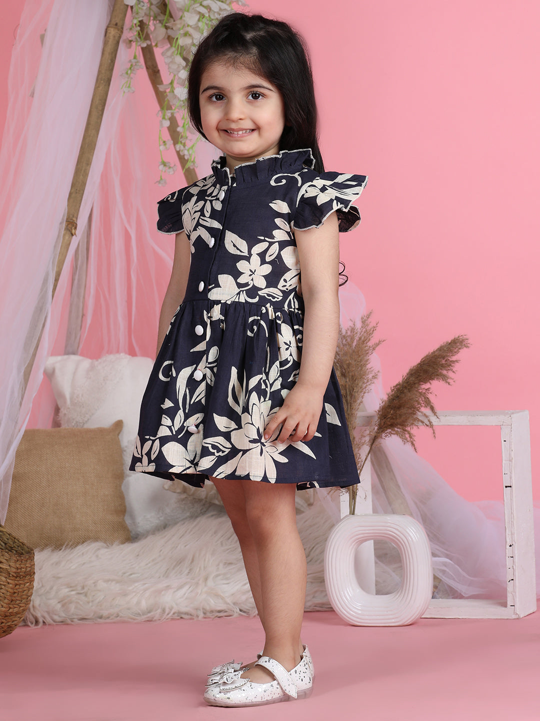 Cutiekins Mandarin Collar Printed Flared Dress-Navy Blue & Off White