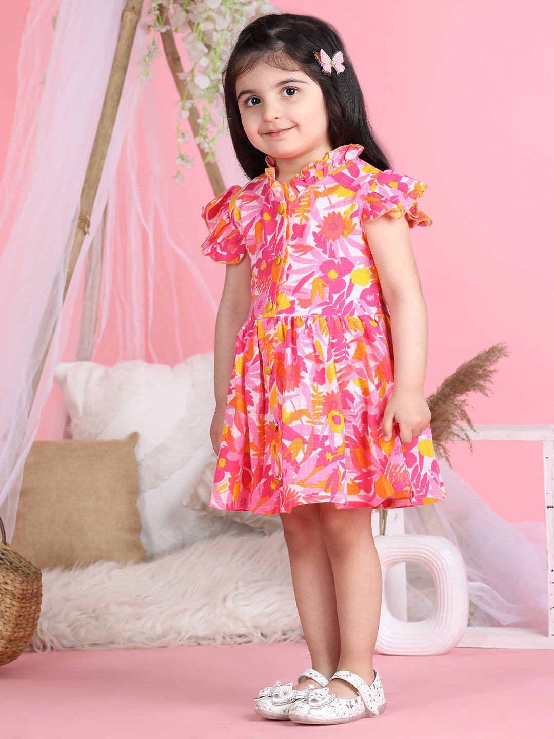Cutiekins Mandarin Collar Printed Flared Dress-Pink & Yellow