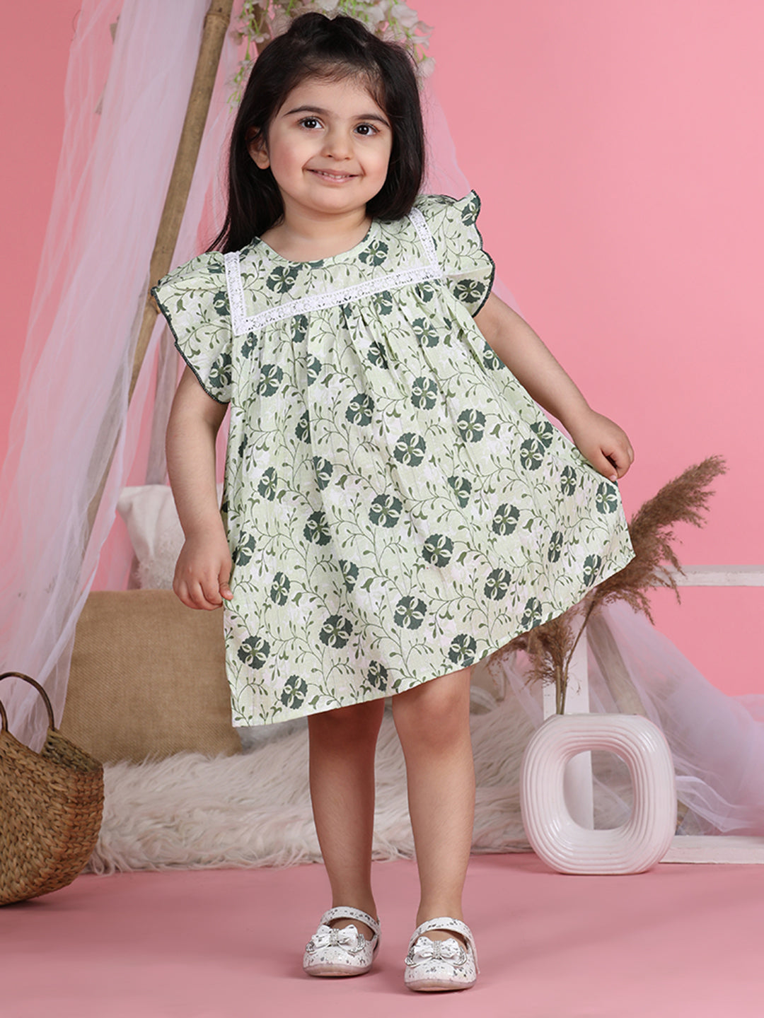 Cutiekins Round Neck Printed Flared Dress-Light Green & White