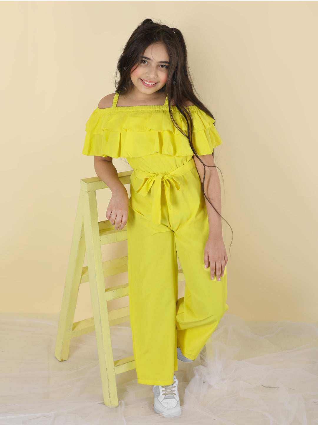 Cutiekins Girls Shoulder Strap Solid Embellished Jumpsuit -Yellow
