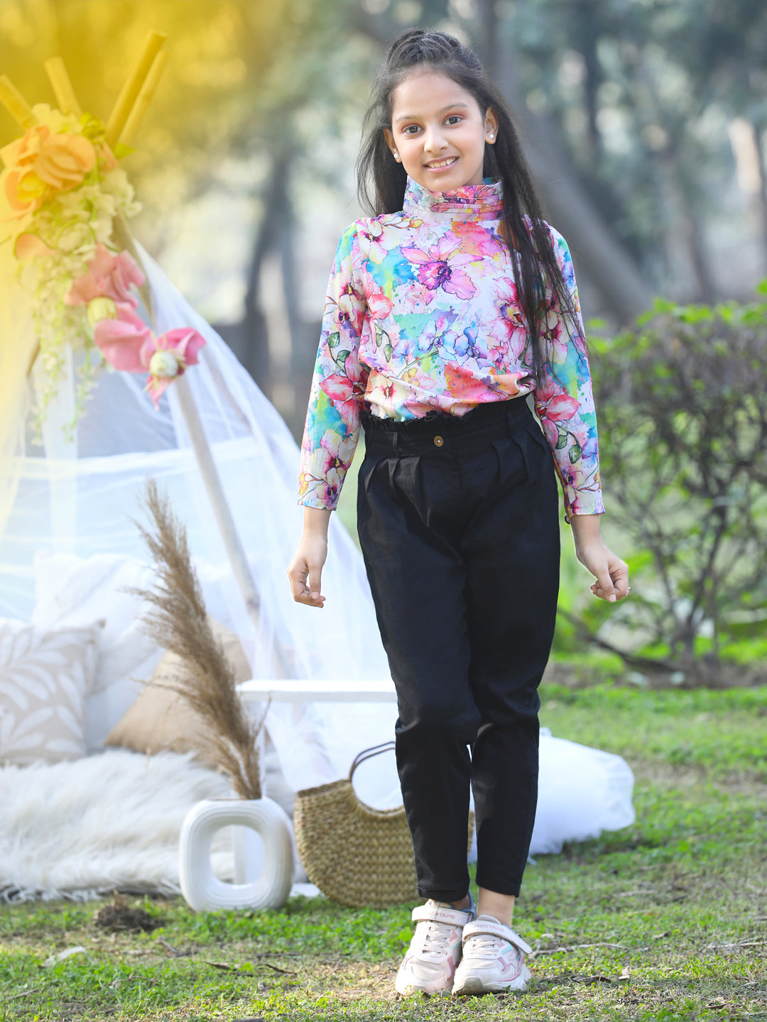 Cutiekins Mandarin Collar Foral Printed Regular Top & Trousers Set -Multi & Black