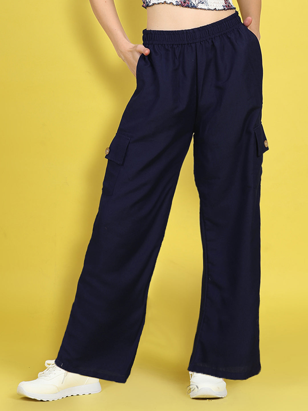 Cutiekins Girls Regular-Fit Solid Cargo Pant -Navy Blue