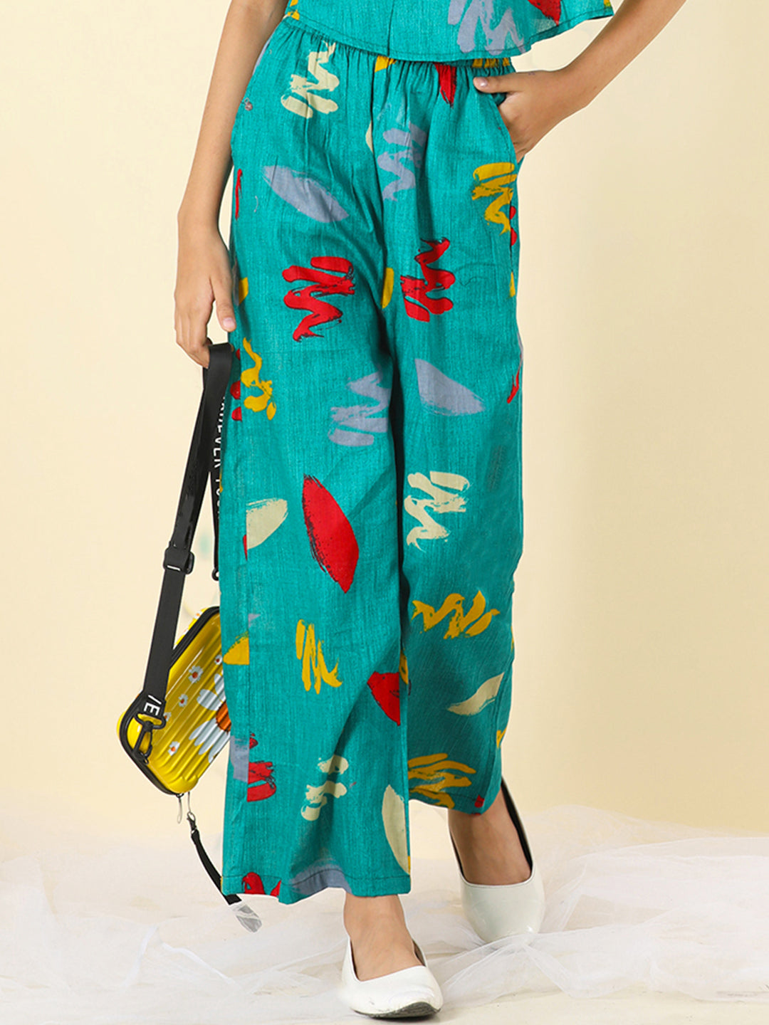 Cutiekins Girls Cotton Abstract Print Palazzo -Rama Green & Yellow