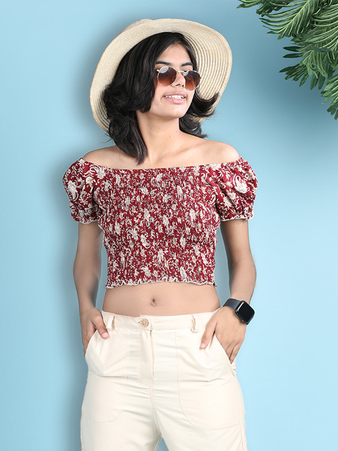 Cutiekins Girls Trendy Bold Style Printed Top -Maroon & Off White