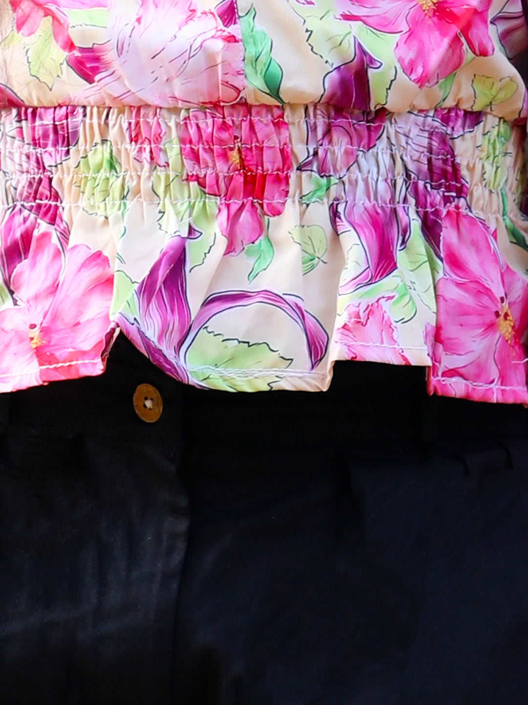 Cutiekins V Neck Foral Printed Crop Top & Trousers Set -Pink & Black