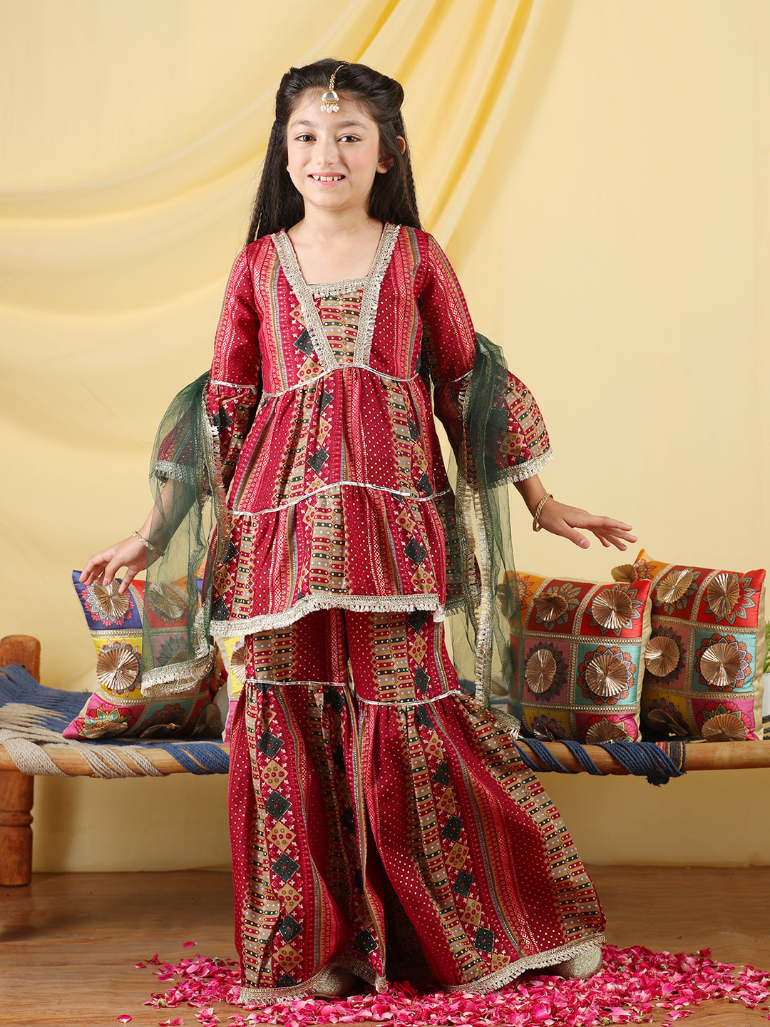 Cutiekins Girls Embroidered Bandhani Print Empire Kurta & Sharara with Dupatta -Maroon & Gold