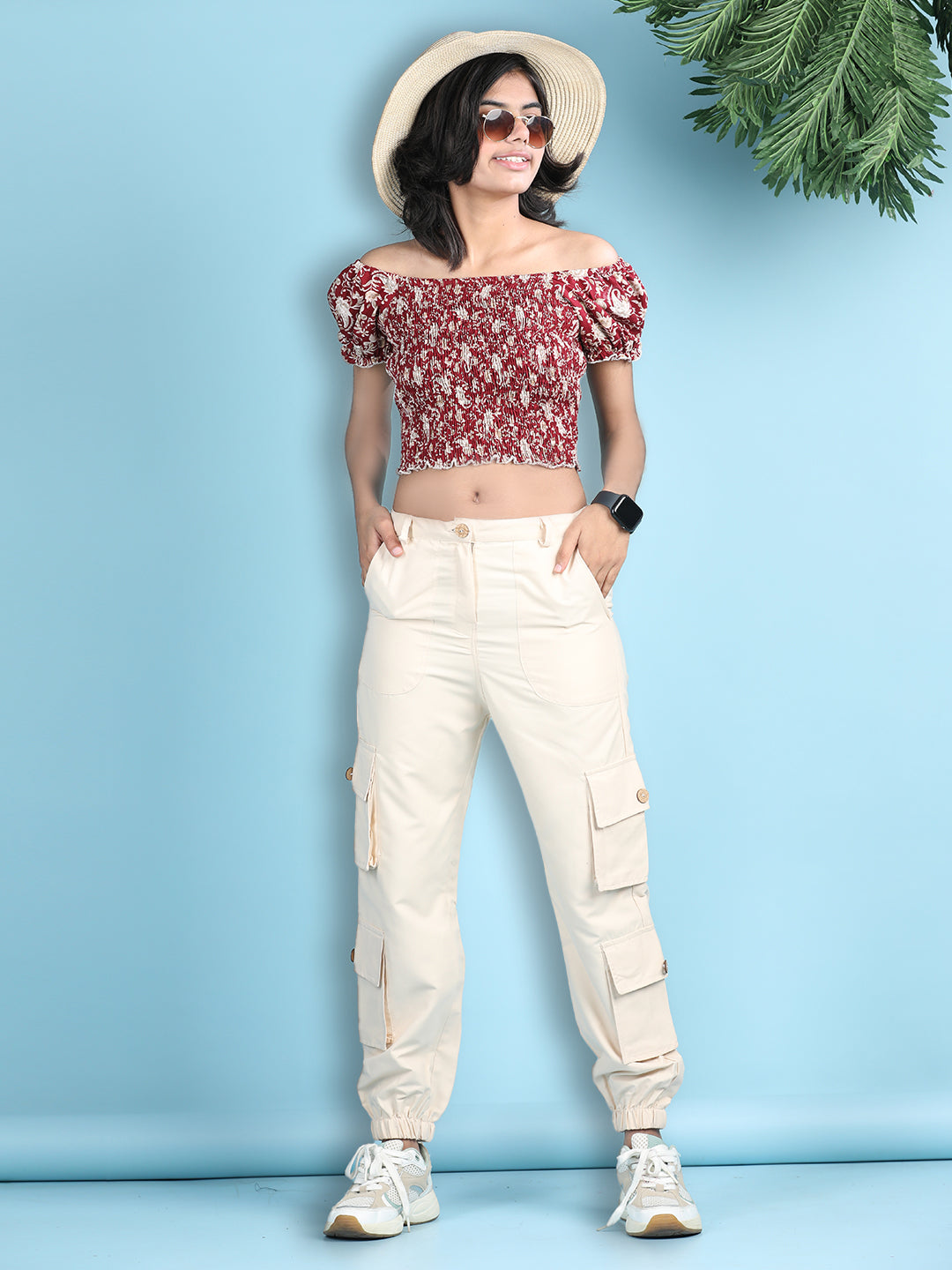 Cutiekins Girls Trendy Bold Look Crop Top With Solid Cargo -Maron & White