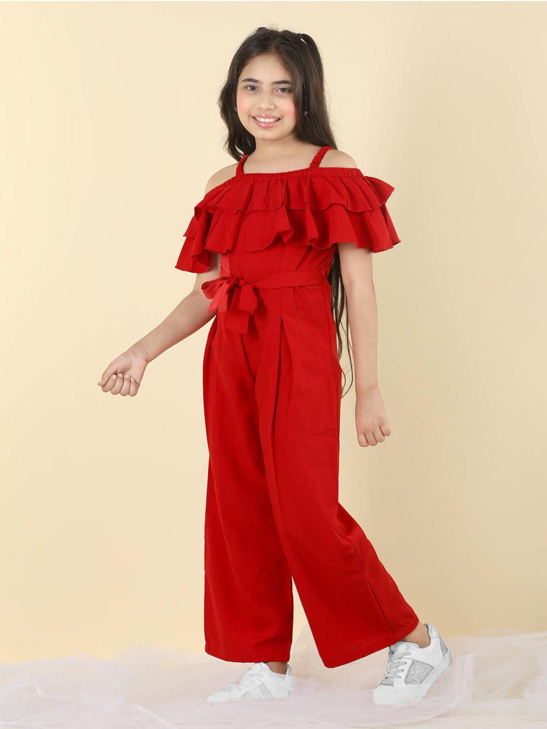 Cutiekins Girls Shoulder Strap Solid Embellished Jumpsuit -Red