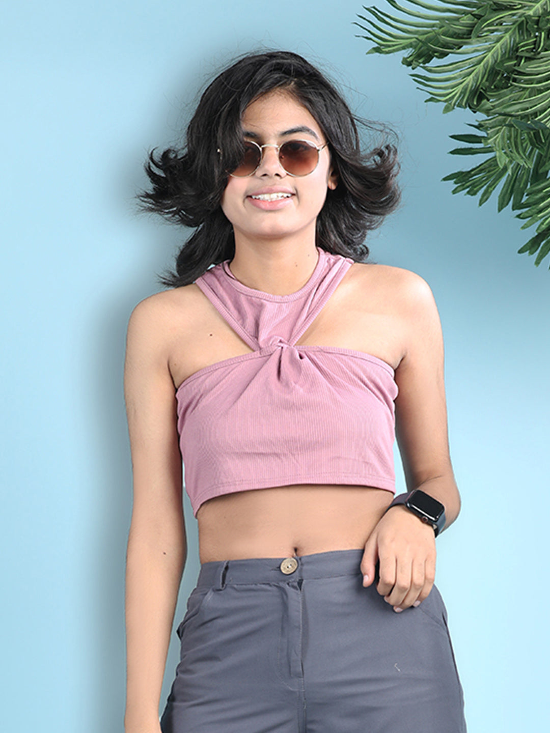 Cutiekins Girls Solid Embellished Crop Tops(Pack of 2) -Onion Pink & Rust