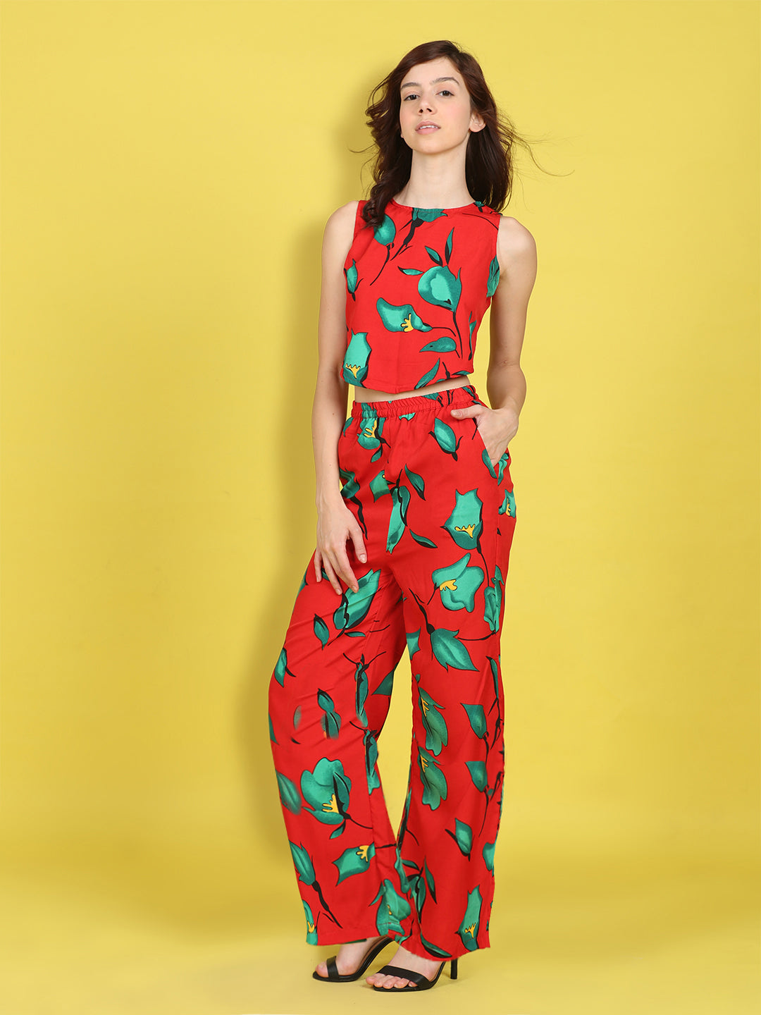 Cutiekins Girls Trendy Bold Style Printed Top & Palazzo Co-ord Set -Red & Green