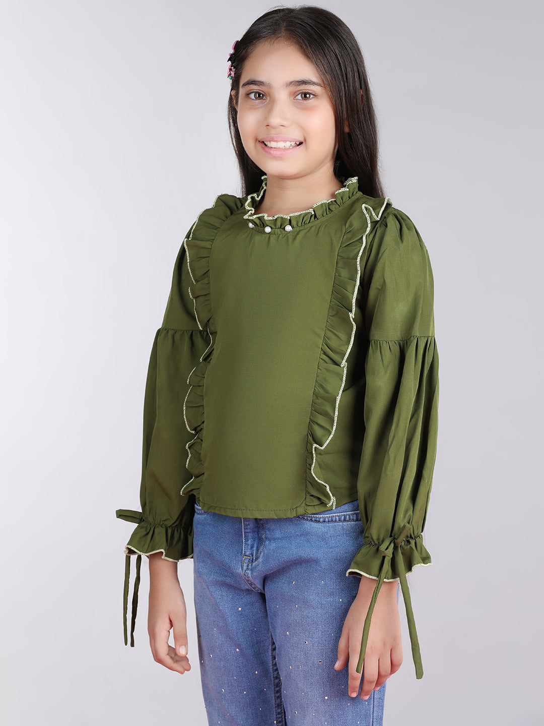 Cutiekins Solid Full Sleeves Polyester Tops-Green & White