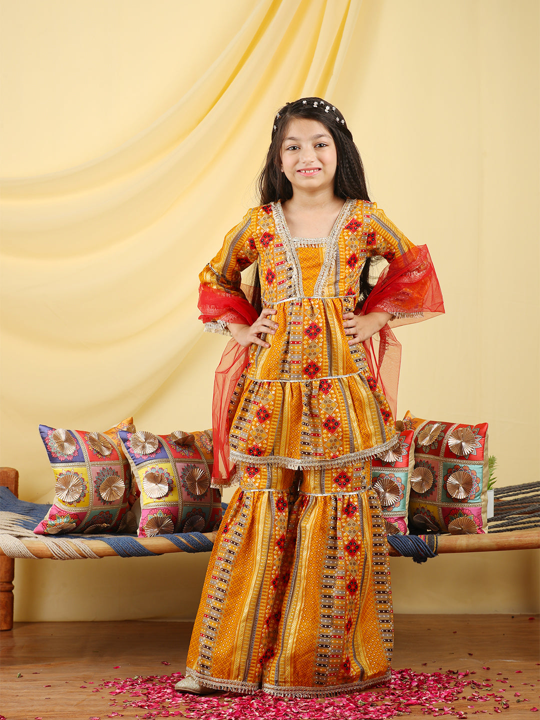 Cutiekins Girls Embroidered Bandhani Print Empire Kurta & Sharara with Dupatta -Mustard & Gold