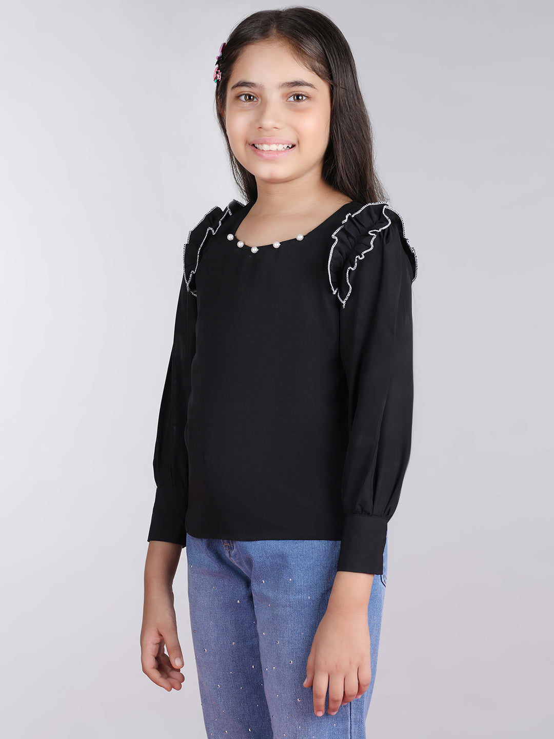 Cutiekins Solid Full Sleeves Polyester Tops-Black & White