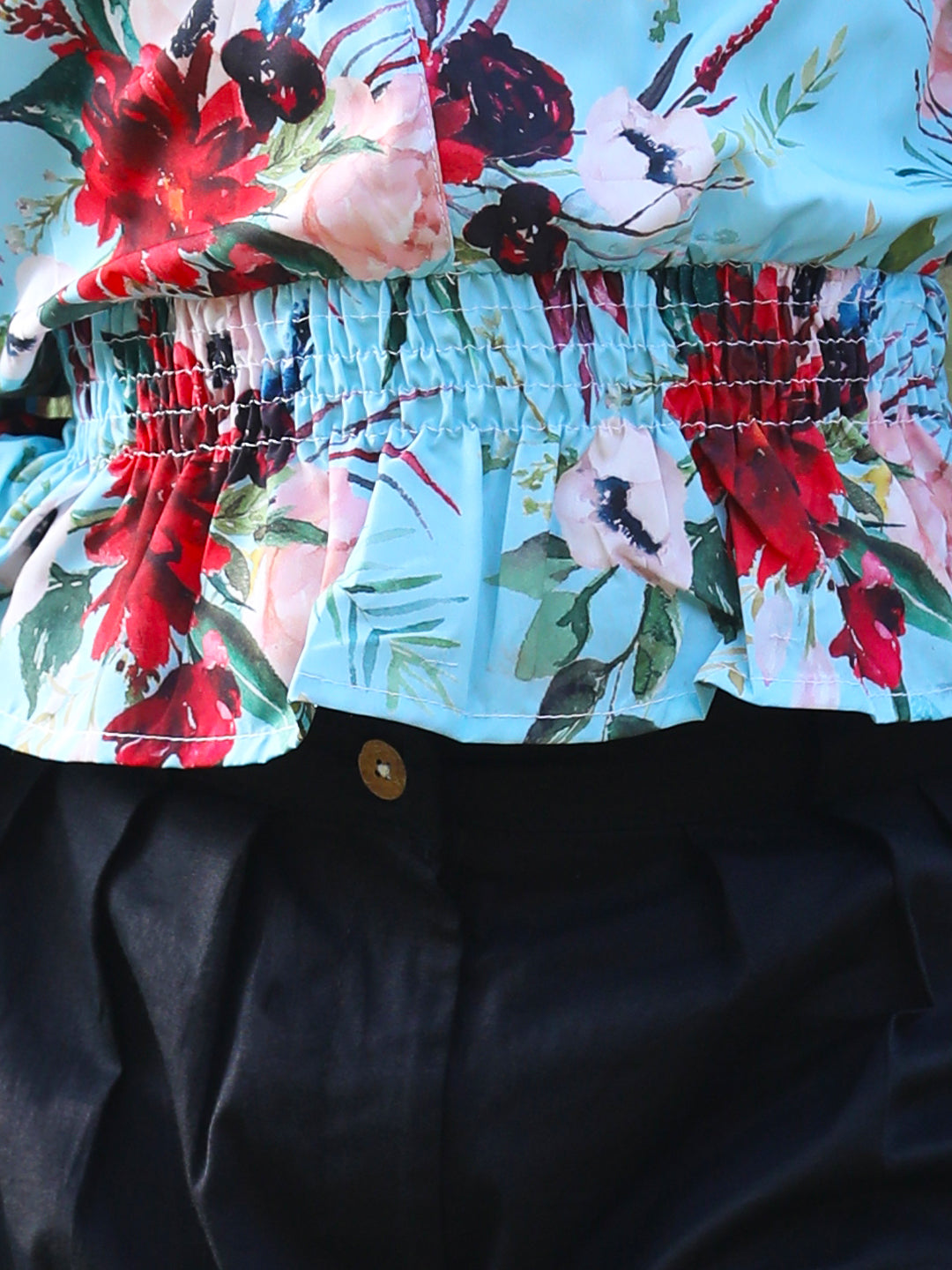 Cutiekins V Neck Foral Printed Crop Top & Trousers Set -Turquoise Blue & Black