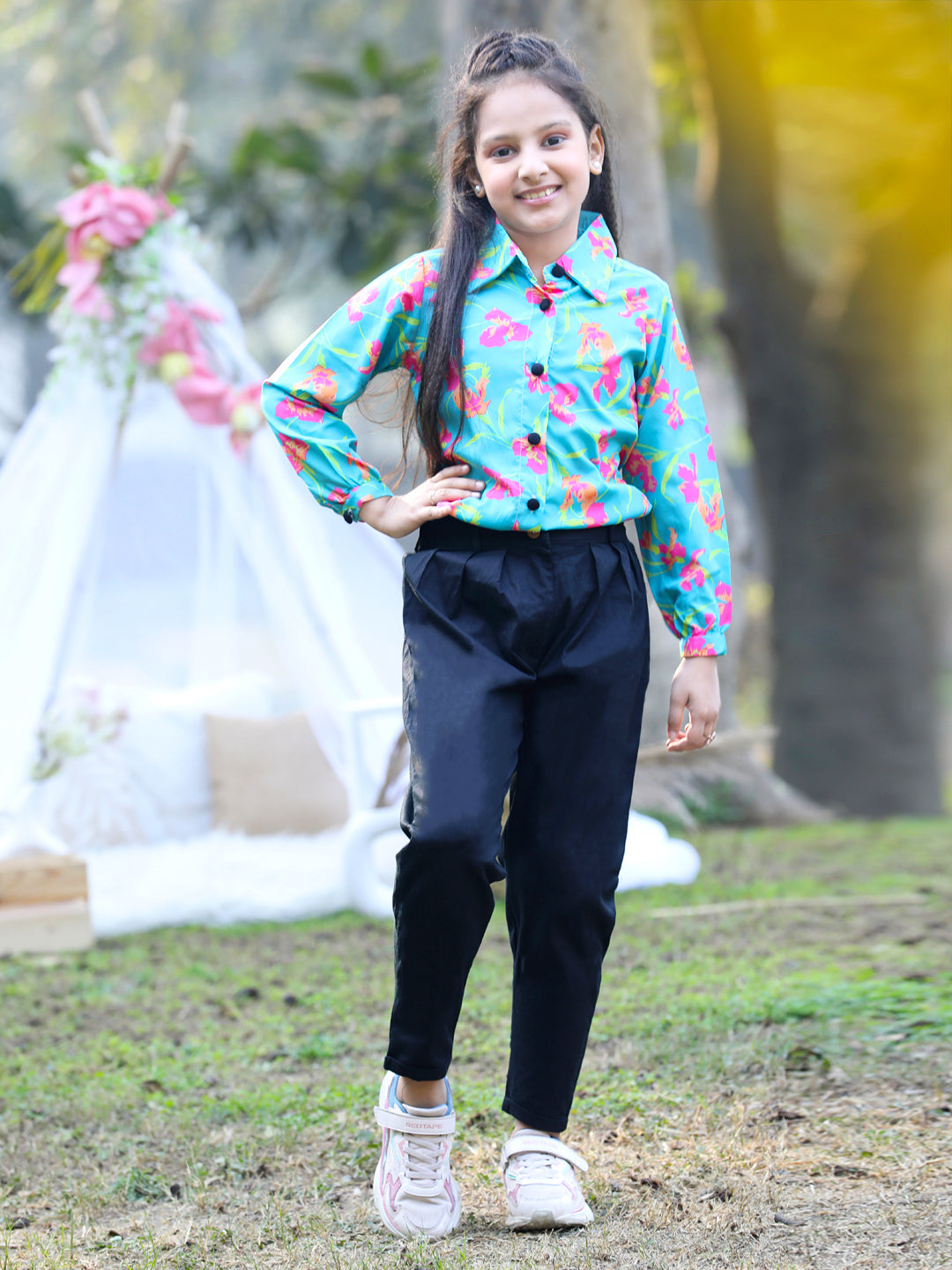 Cutiekins Collar Neck Foral Printed Regular Top & Trousers Set -Sea Green & Black