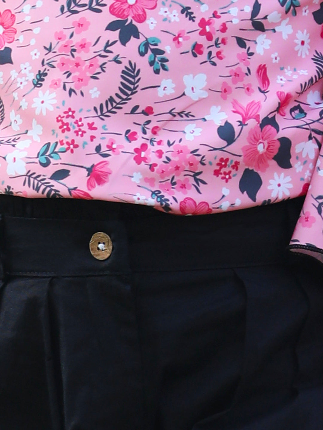 Cutiekins Front Knot Round Neck Foral Printed Regular Top & Trousers Set -Pink & Black