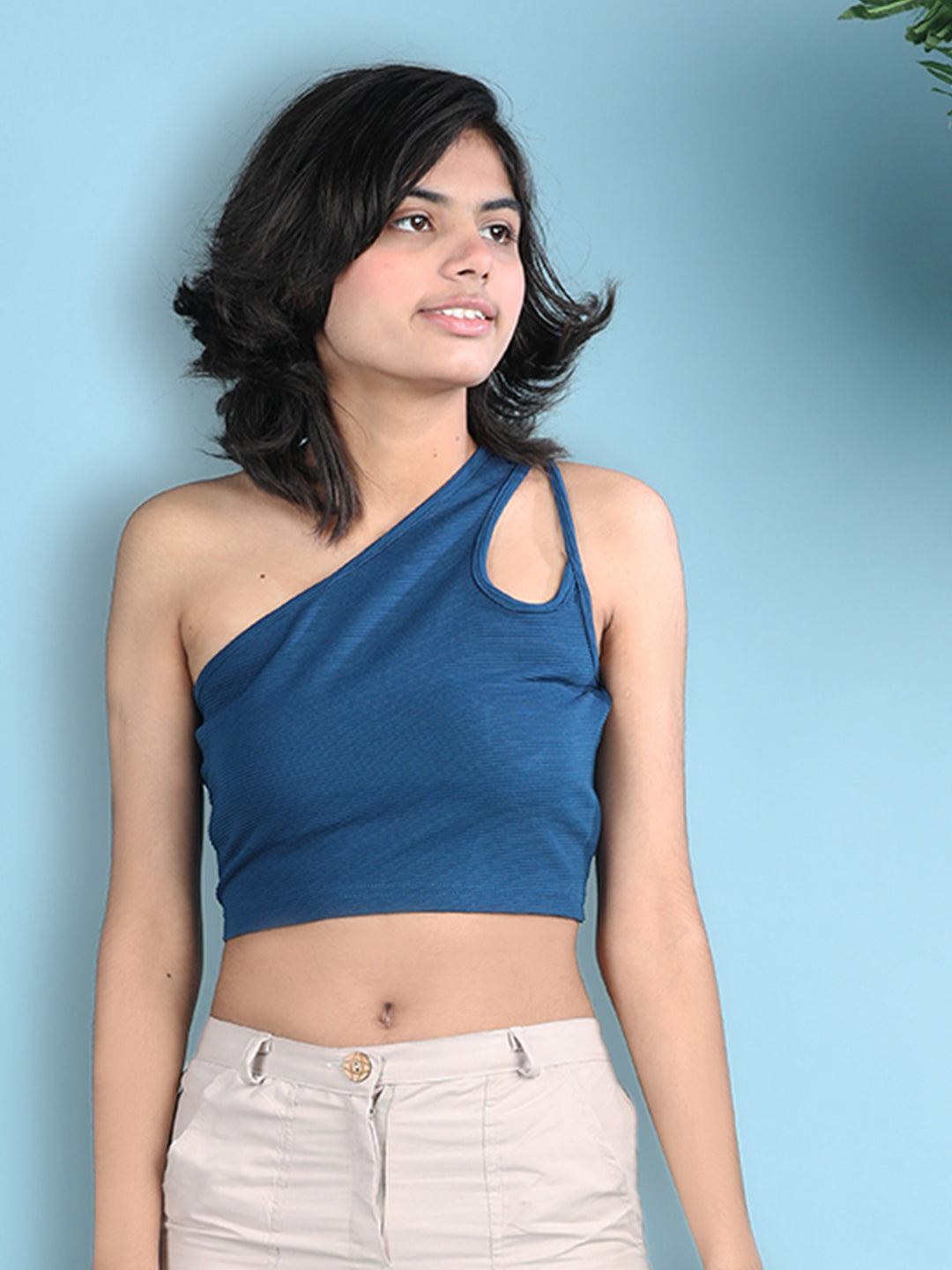 Cutiekins Girls Solid Embellished Stylish Cut Out Crop Top -Royal Blue