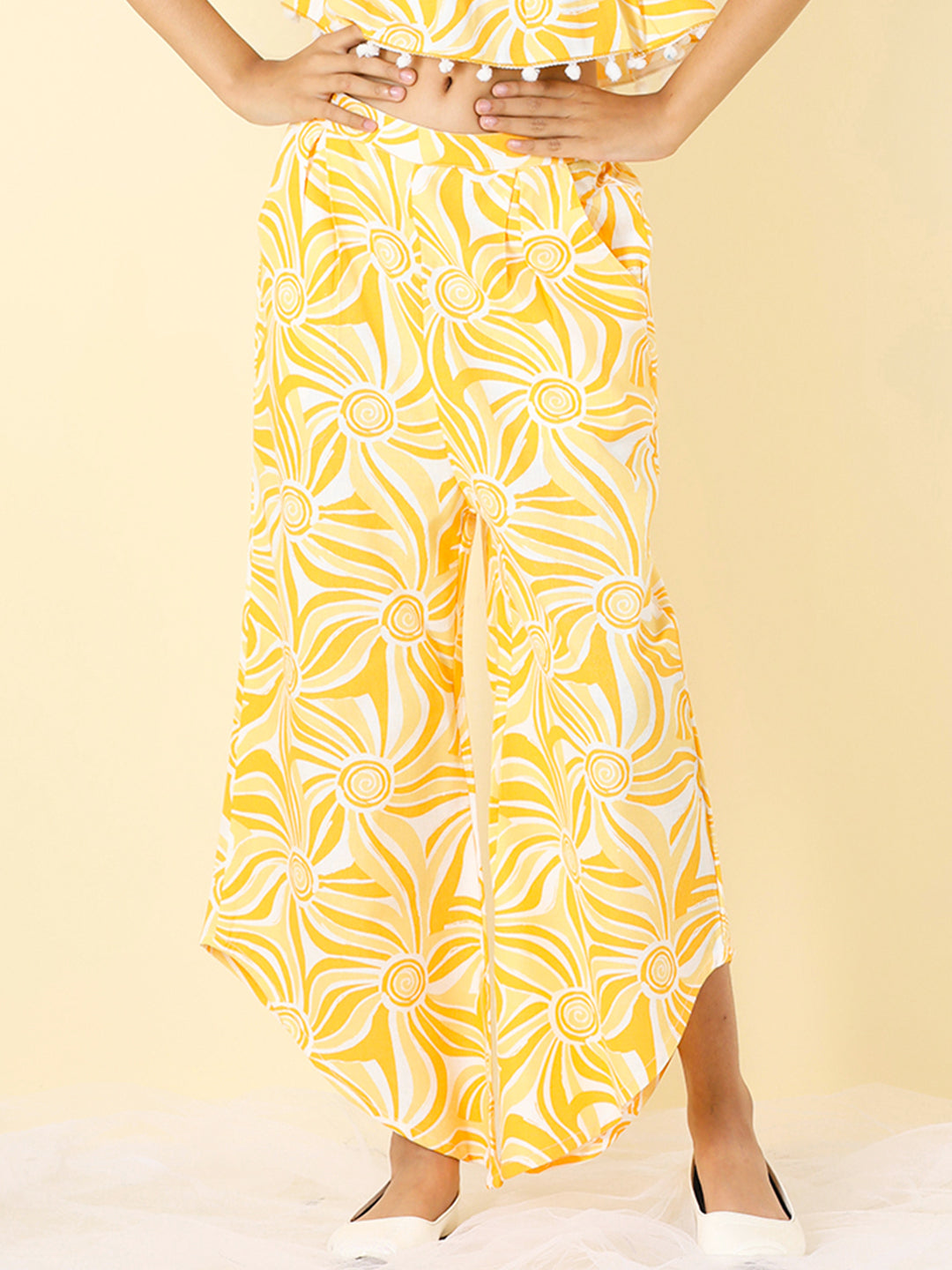 Cutiekins Girls Cotton Abstract Print Palazzo -White & Mustard