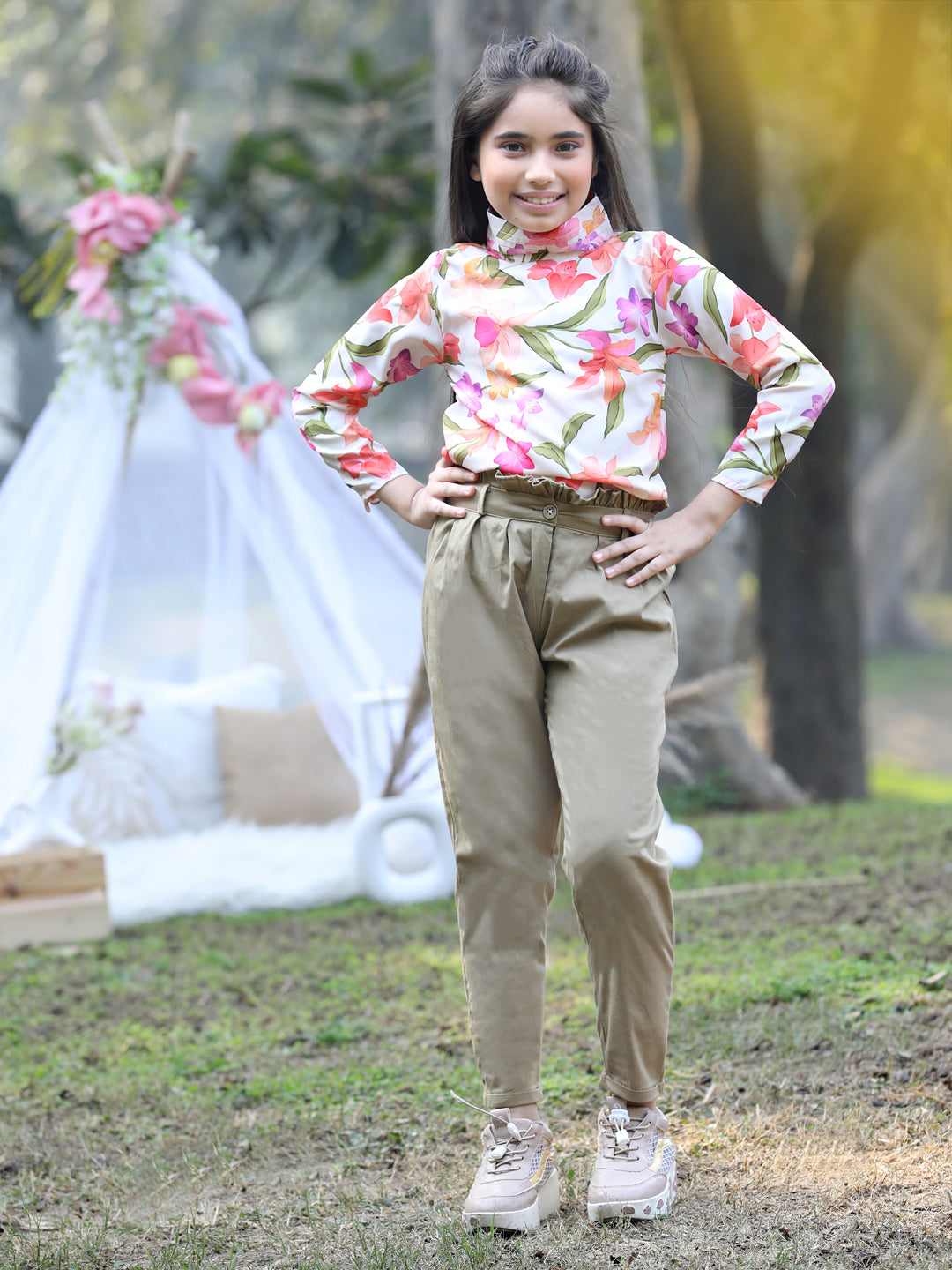 Cutiekins Mandarin Collar Foral Printed Regular Top & Trousers Set -Baige & Khaki