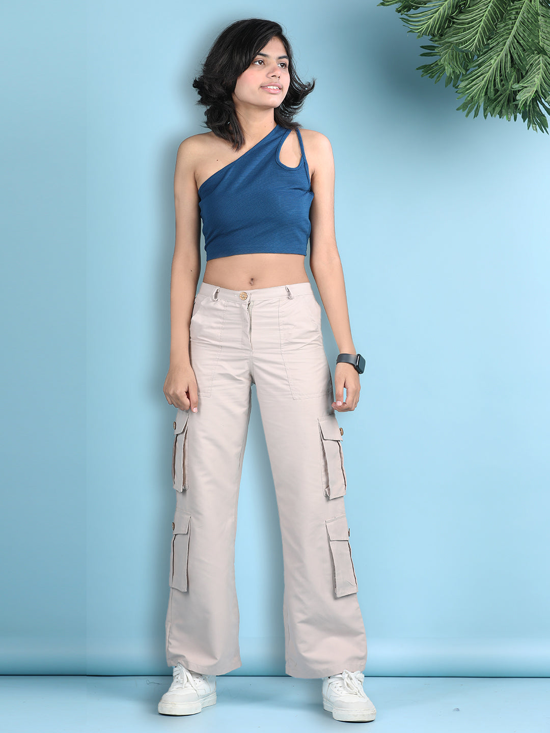 Cutiekins Girls Solid Embellished Top with Solid Cargo -Roayal Blue & Beige