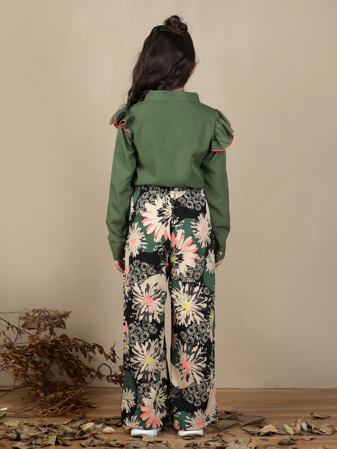 Cutiekins Girls Floral Print Top With Wide Leg Trouser Co-Ord Set - Green & Black