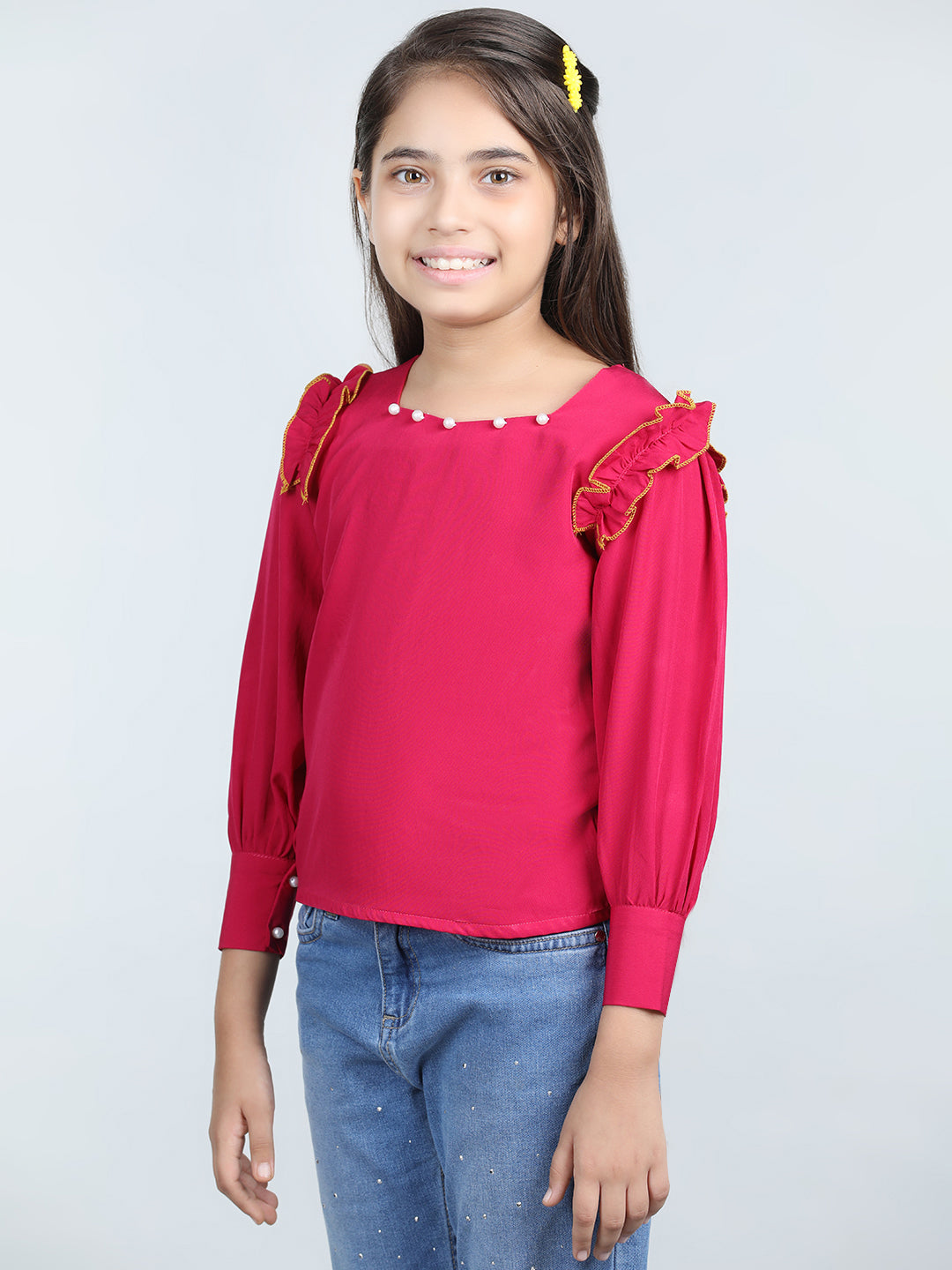 Cutiekins Solid Full Sleeves Polyester Tops-Pink & White