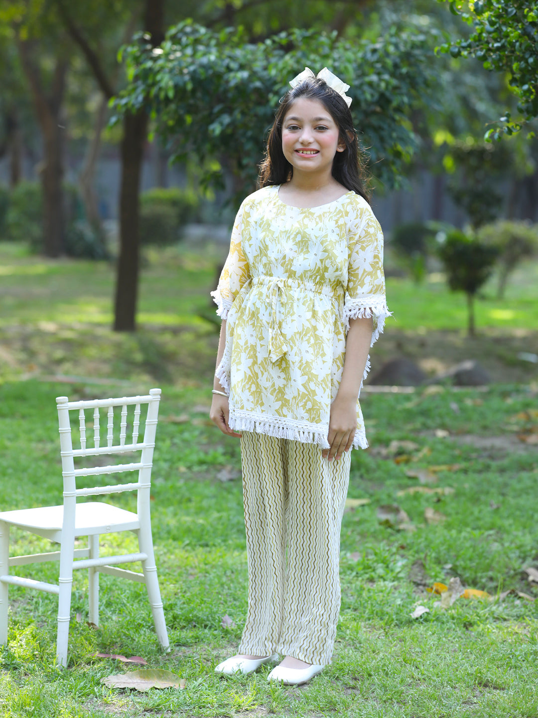 Cutiekins Girls Trendy Floral Print Kaftan Kurta and Palazzo Set -Khaki & Off White