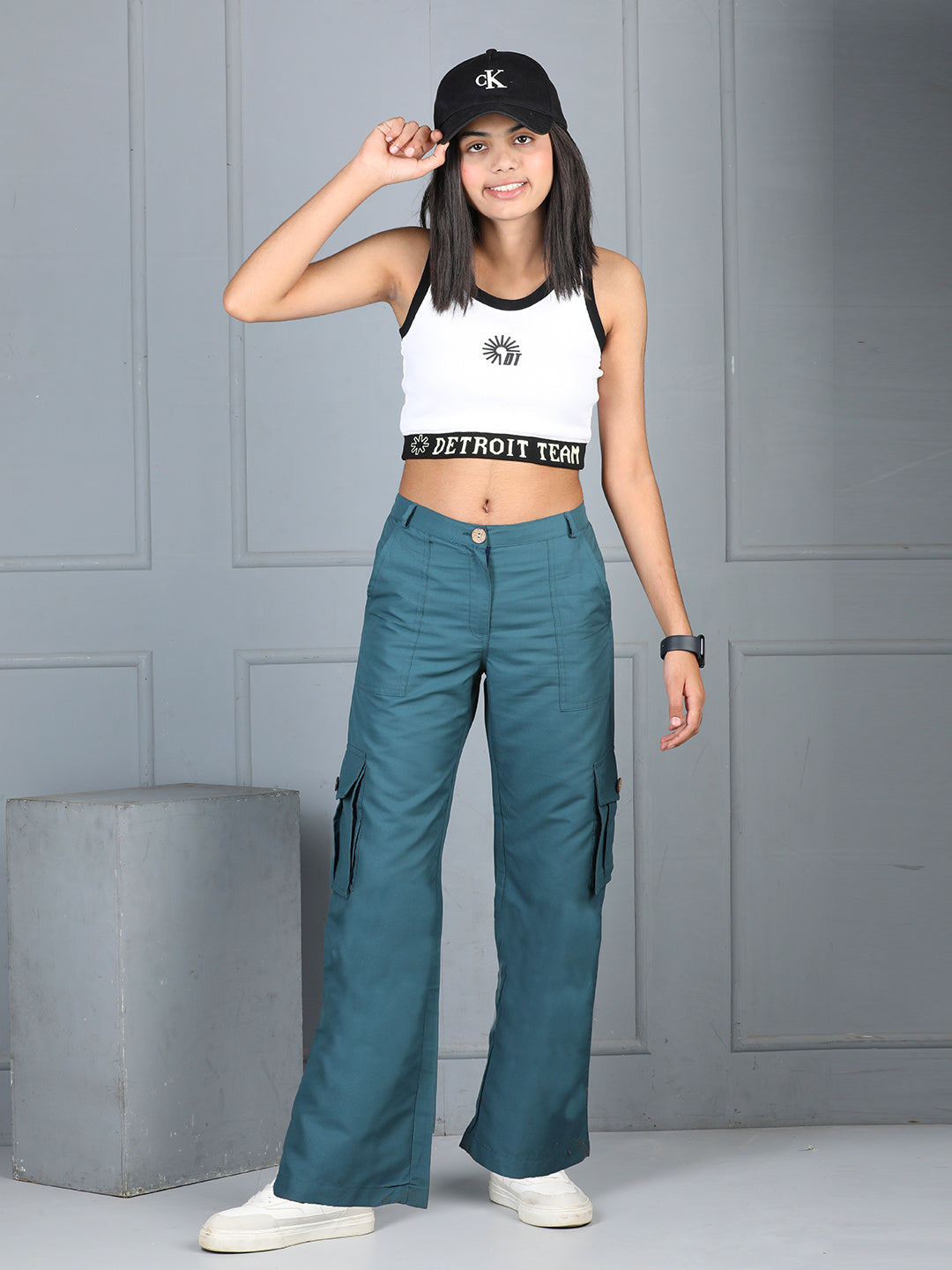 Cutiekins Girls Solid Polycotton Casual Cargo Pant -Teal