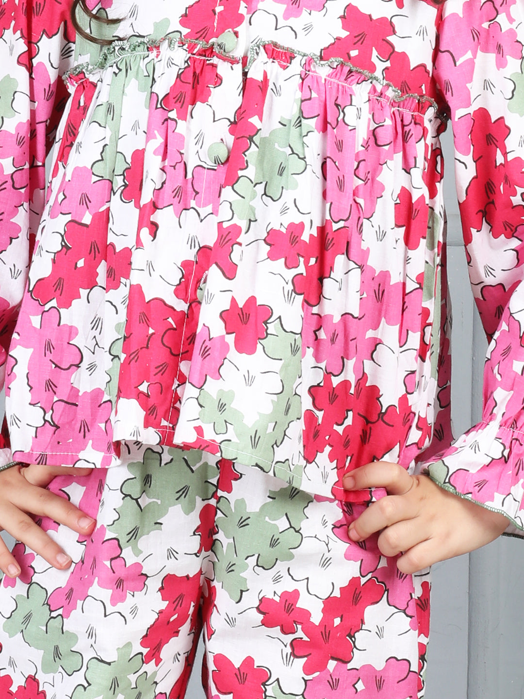 Cutiekins Girls Shirt Style Floral Printed Top With Printed Palazzo Nightsuit -Off White & Multi