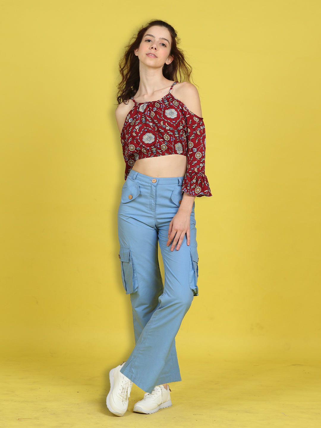 Cutiekins Girls Trendy Bold Look Crop Top With Solid Cargo -Maroon & Sky Blue