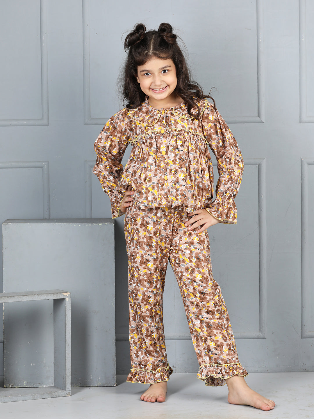 Cutiekins Girls Shirt Style Floral Printed Top With Printed Palazzo Nightsuit -Brown & Yellow