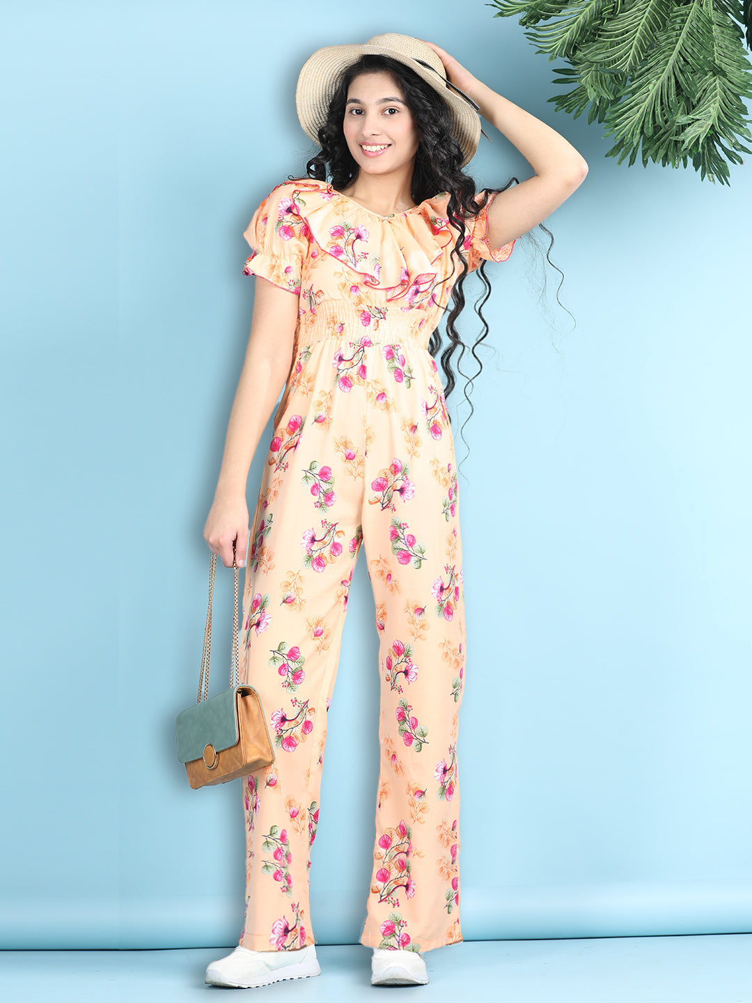 Cutiekins Girls Stylish Flora Print Embellished Jumpsuit -Peach & Pink