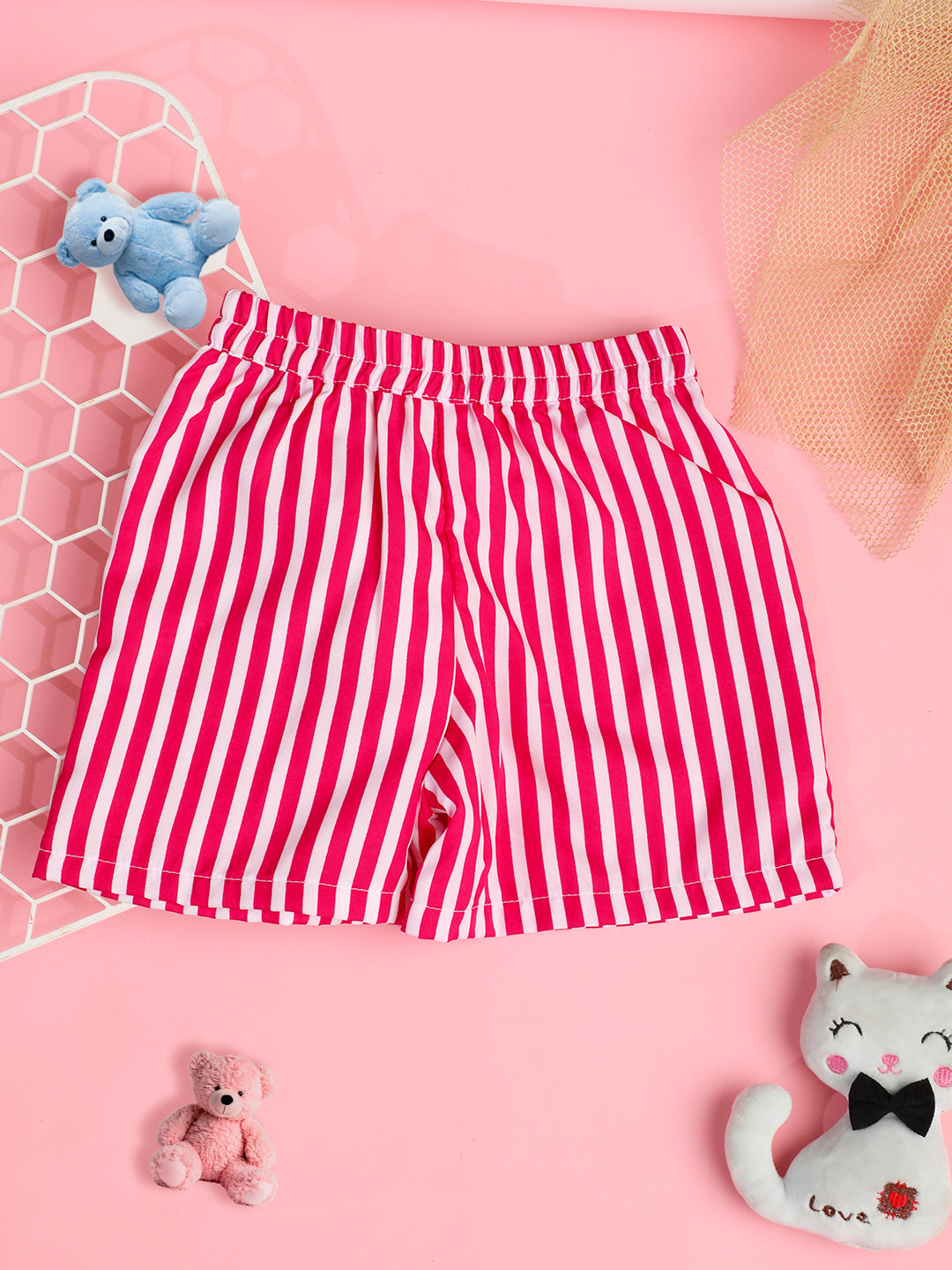 Cutiekins Girls Striped Printed Embellished Short -Pink & Off White