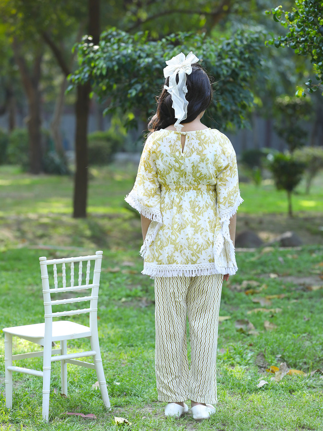 Cutiekins Girls Trendy Floral Print Kaftan Kurta and Palazzo Set -Khaki & Off White
