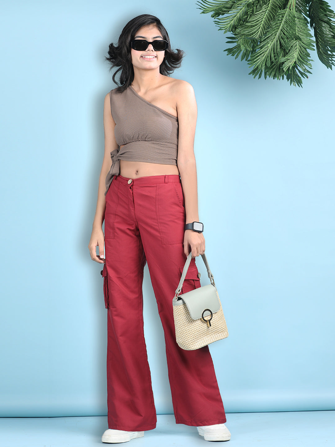 Cutiekins Girls Solid Embellished Top with Solid Cargo -Camel Brown & Maroon