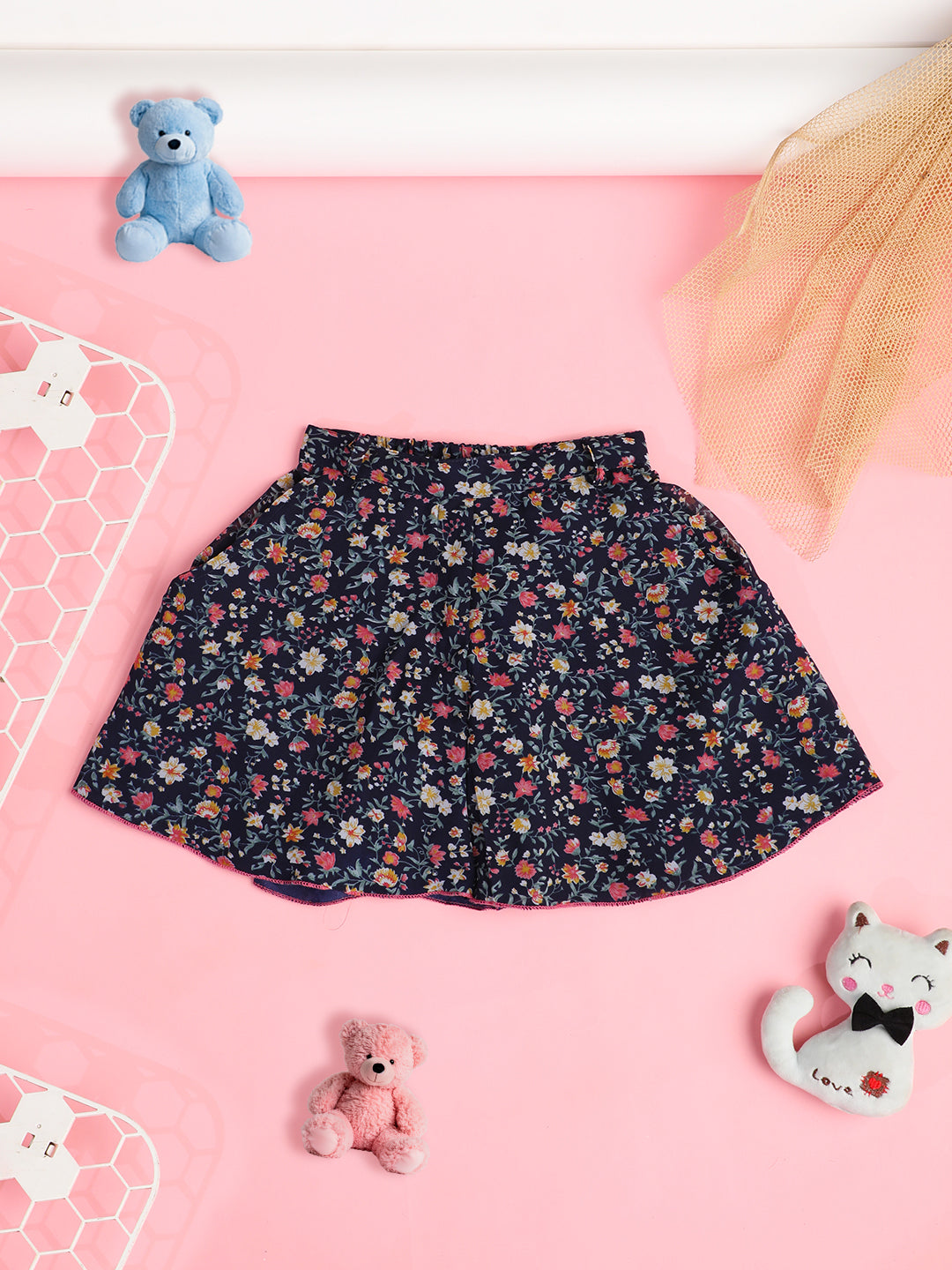 Cutiekins Girls Floral Print Embellished Skirt- Navy & Multi