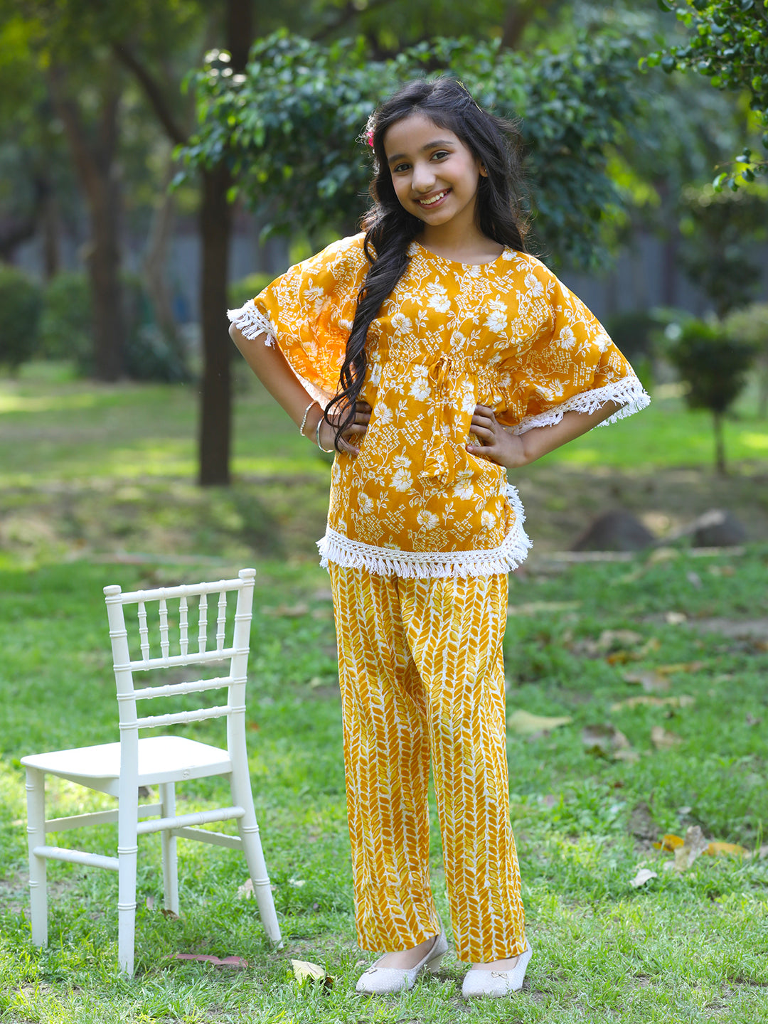 Cutiekins Girls Trendy Floral Print Kaftan Kurta and Palazzo Set -Mustard & Off White