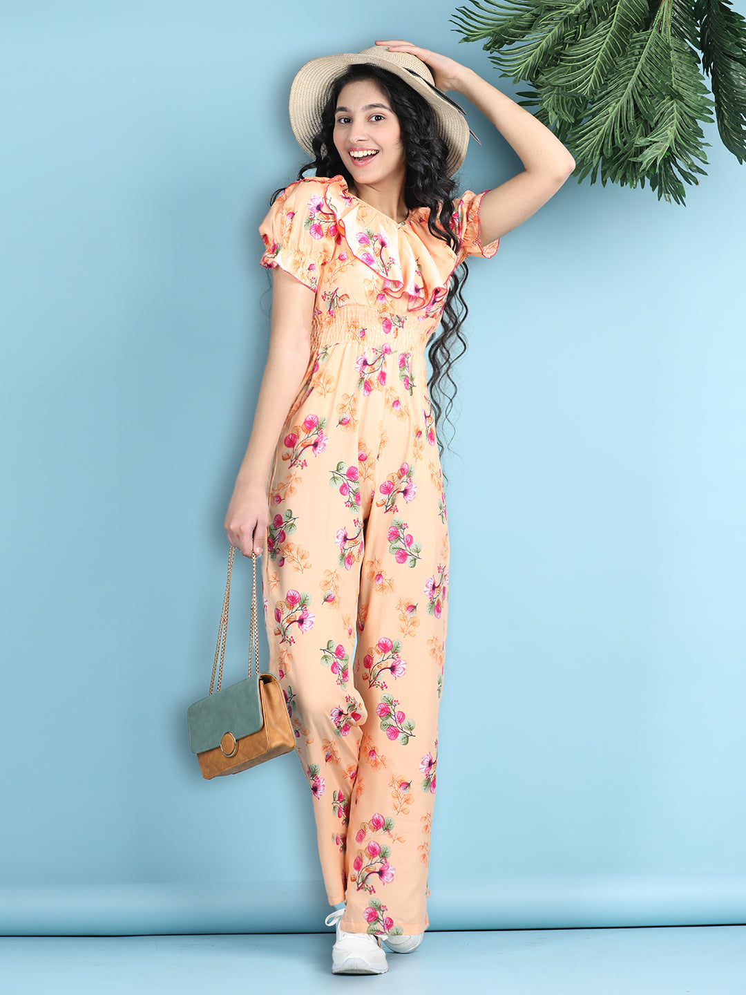 Cutiekins Girls Stylish Flora Print Embellished Jumpsuit -Peach & Pink