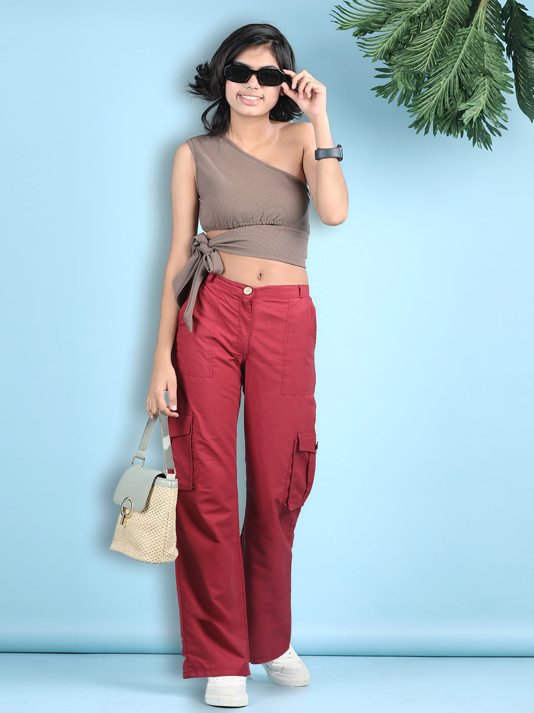 Cutiekins Girls Solid Embellished Top with Solid Cargo -Camel Brown & Maroon