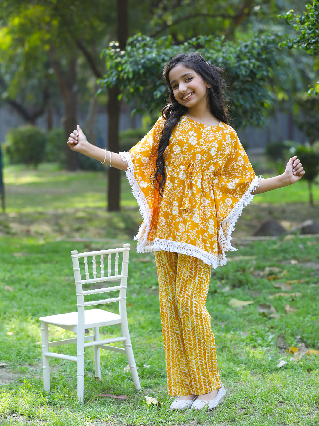Cutiekins Girls Trendy Floral Print Kaftan Kurta and Palazzo Set -Mustard & Off White