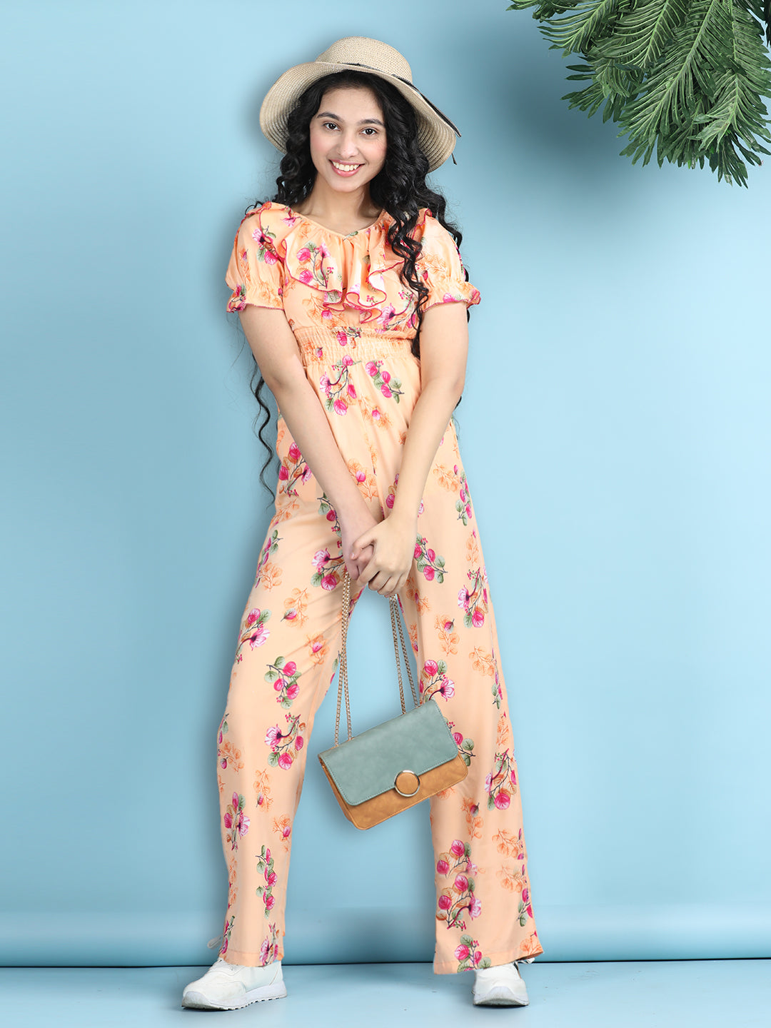 Cutiekins Girls Stylish Flora Print Embellished Jumpsuit -Peach & Pink